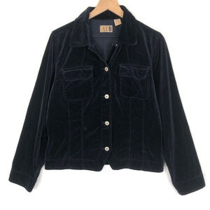 VTG 100% Cotton Velvet Trucker Jacket Women’s Sz L Navy Blue Metal Button‎ Up